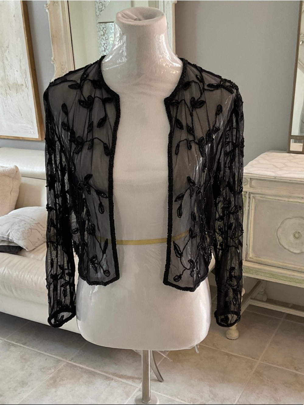 Black Beaded Sheer Open-Front Jacket